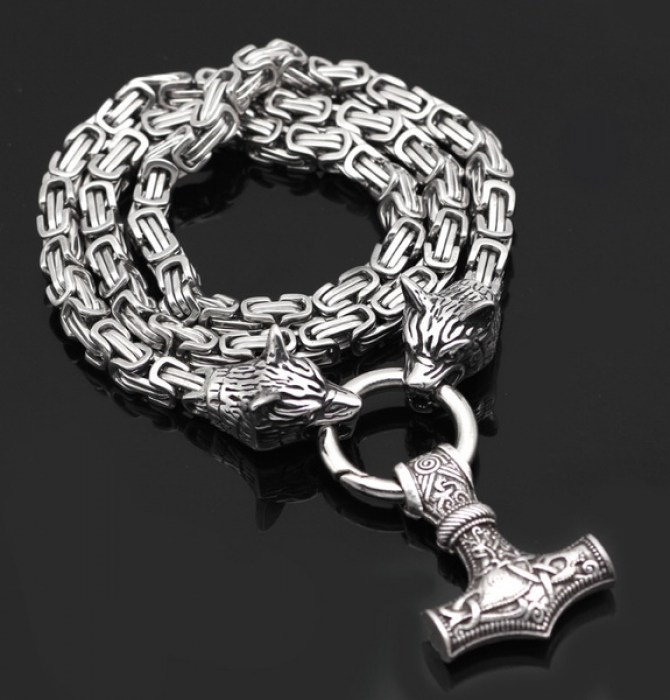 Thors Hammer  Massive Halskette Wolfskopf Silber